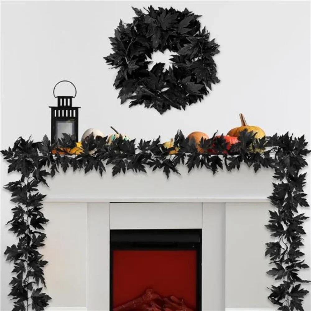 11.8FT Halloween Garland, 2 Pack Black Maple Leaf Garland, Realistic Halloween